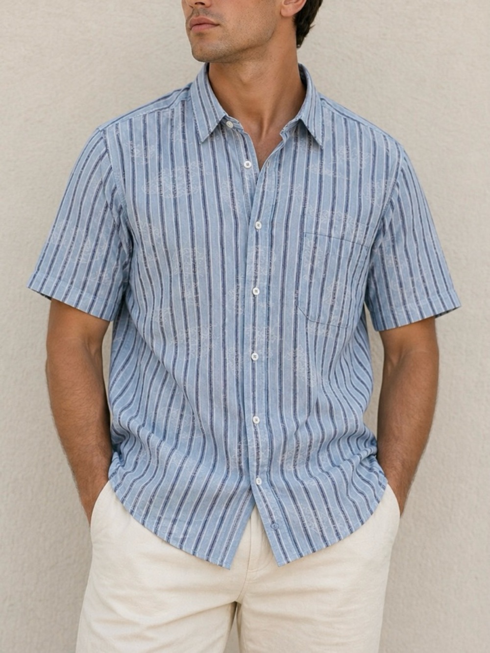 Bugatchi Uomo Light Blue Striped Short-Sleeve Button-Down Shirt Size XL Cotton